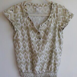 Style&co. Blouse - Size 6 - Green White - 100% Linen - Short Sleeve (501)